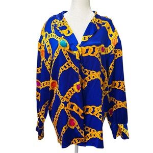 ST JOHN 80s 90s Decadance Vintage Royal Blue Gripoix Longsleeve Silk Blouse XL
